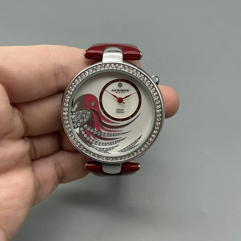 Akribos XXIV Womens Watch 40mm MOP Dial Red Leather Diamond New Battery